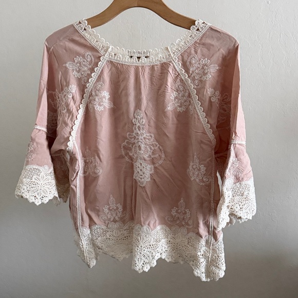 Democracy Pink Embroidered Lace-Trim Blouse - Picture 4 of 4